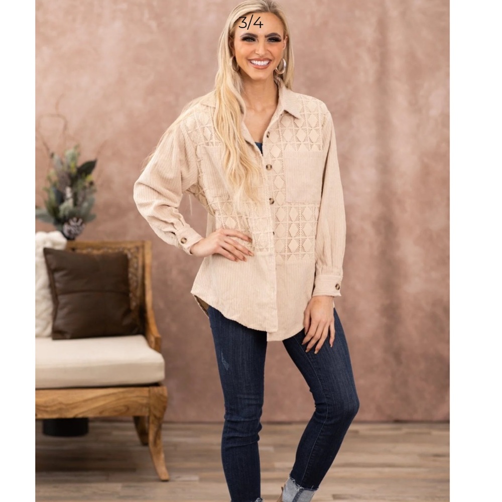 Davi & Dani tan crochet detail corduroy shacket NWT size Large.